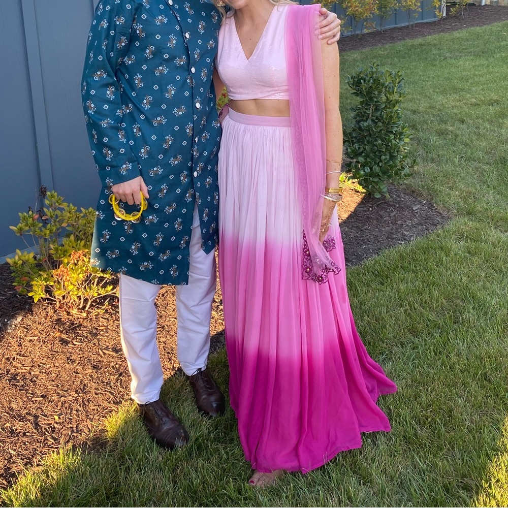 Pink and Purple Ombre Lehenga with Sheer Overlay, 2 tops, and Dupatta